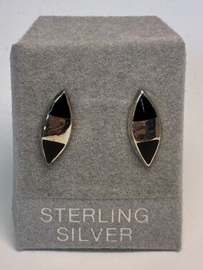 Sterling Silver Black Inlay Marquise Stud Earrings